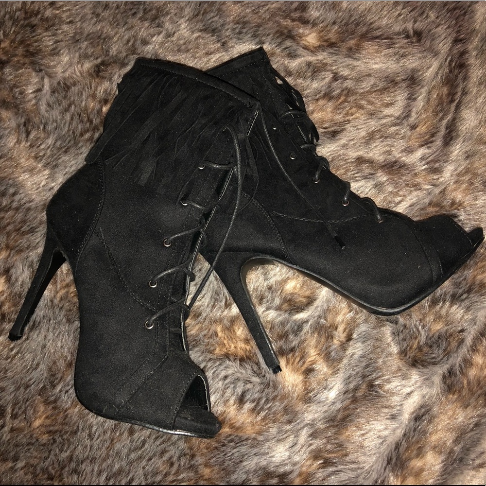 Black Fringe Peep toe boots